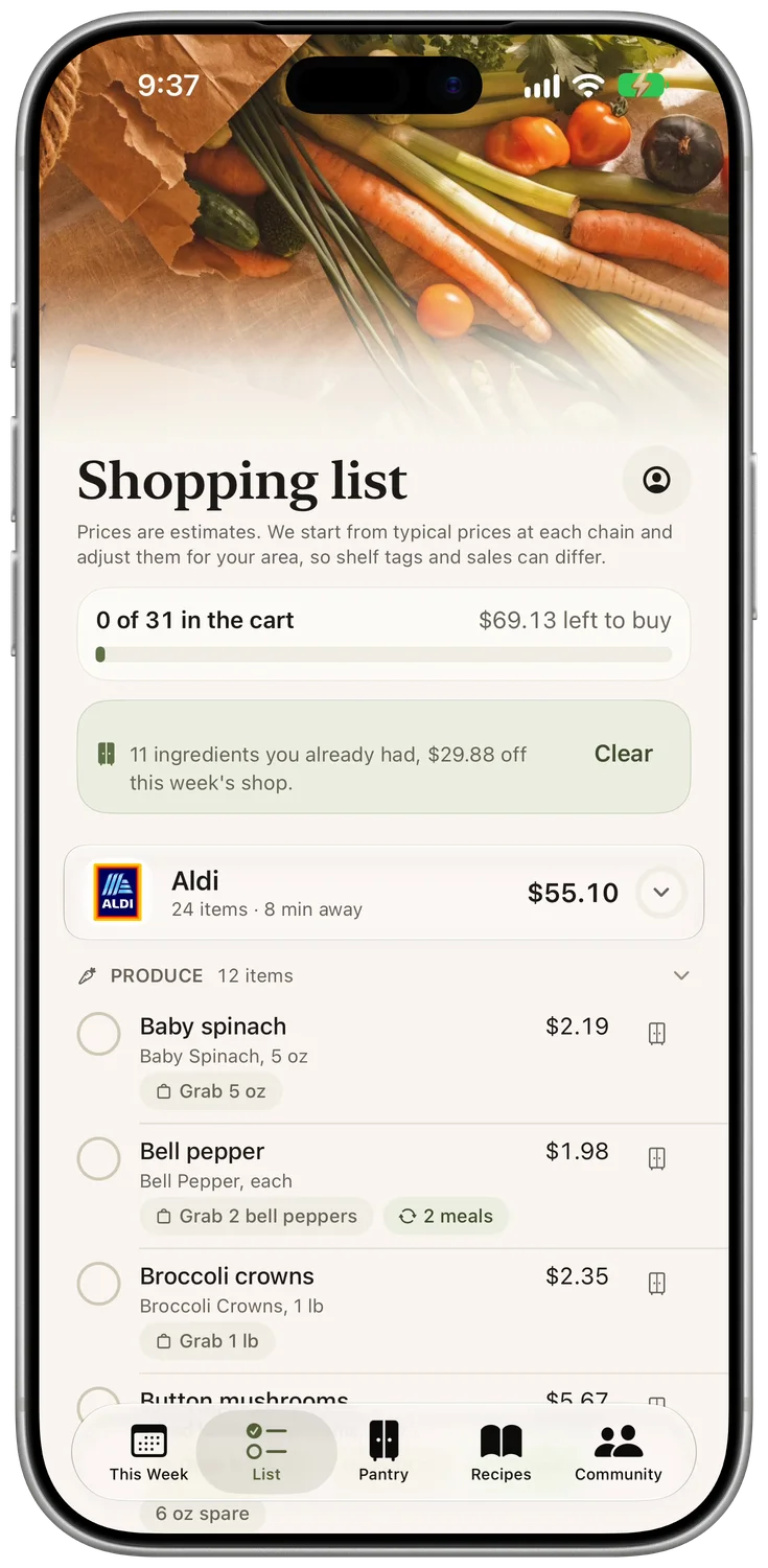 An iPhone on the Shopping list, every item in aisle order with its price