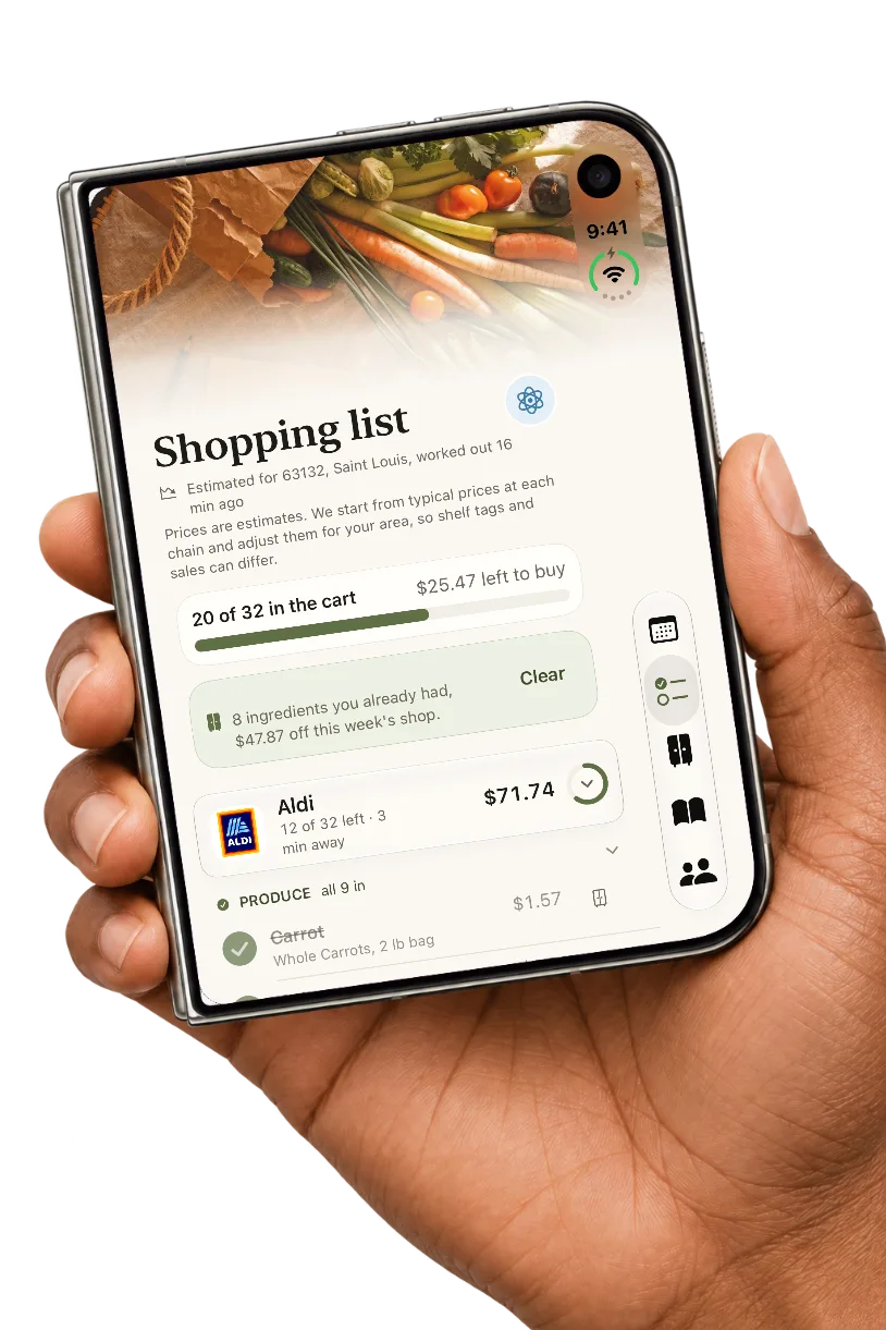 A hand holding the folded iPhone Duo on the Shopping list, 20 of 32 items in the cart